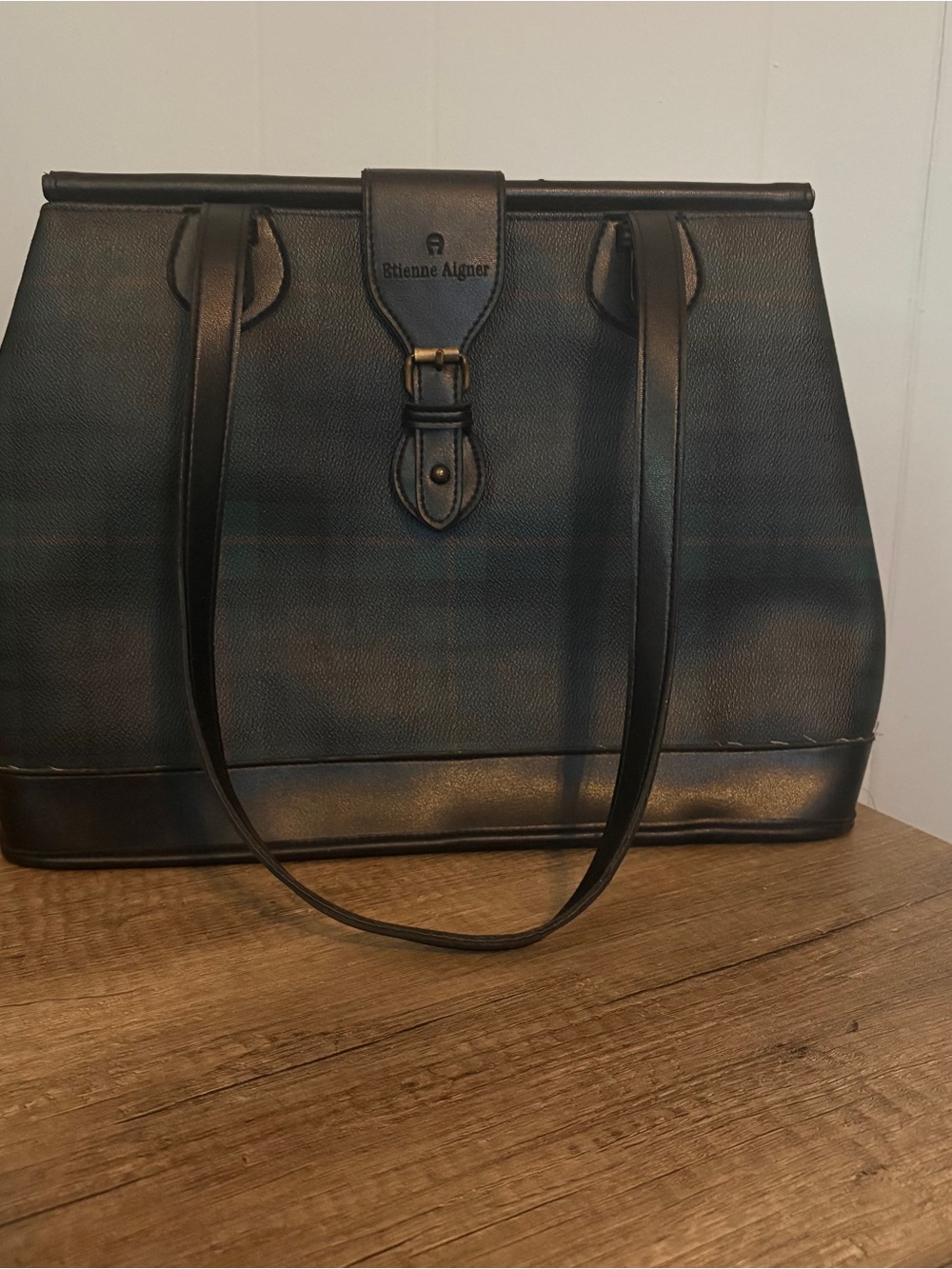 Vintage Etienne Aigner Plaid Bucket Bag Blue Green Tartan Vinyl Purse